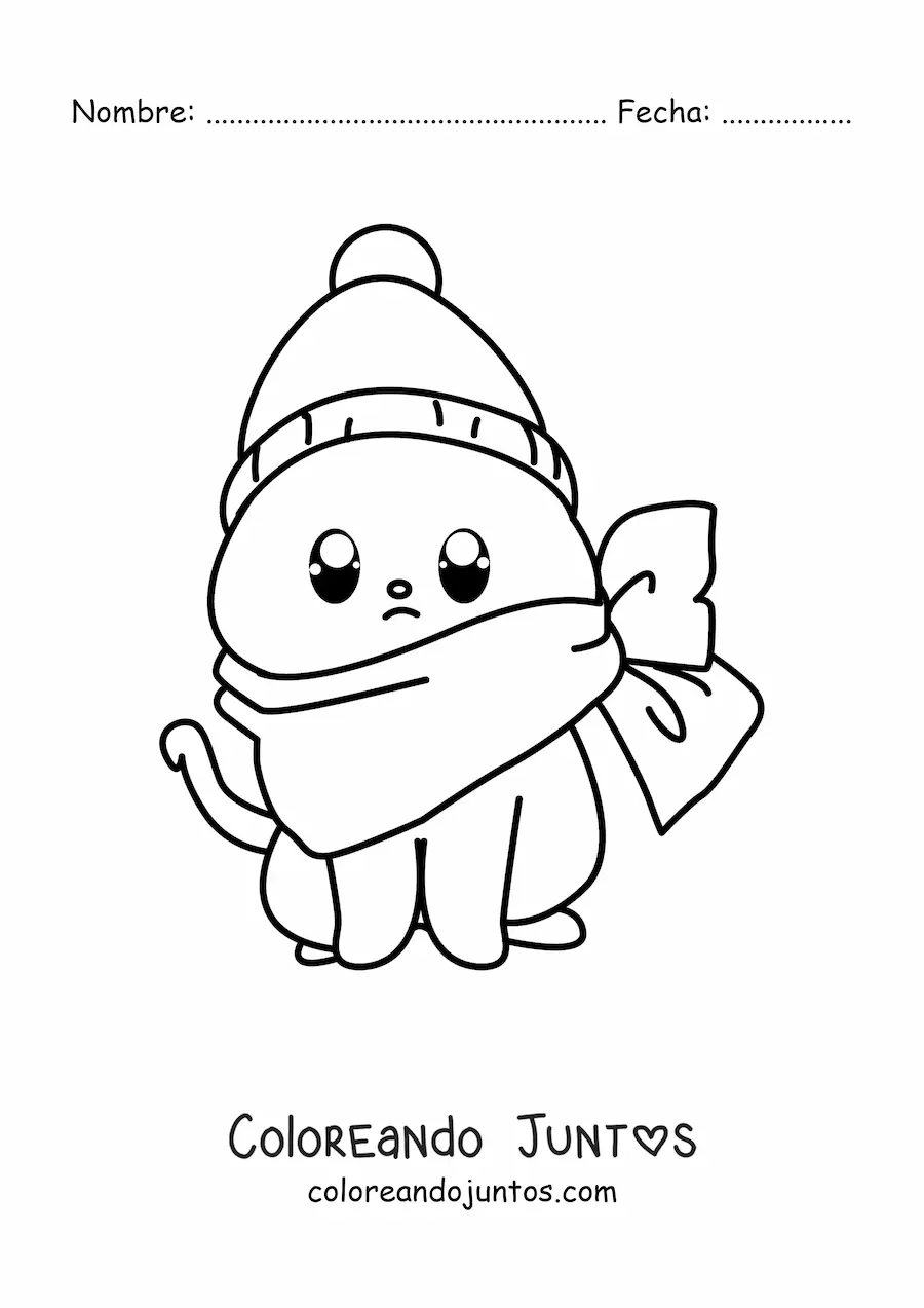 Imagen para colorear de un gato kawaii con un sombrero de invierno