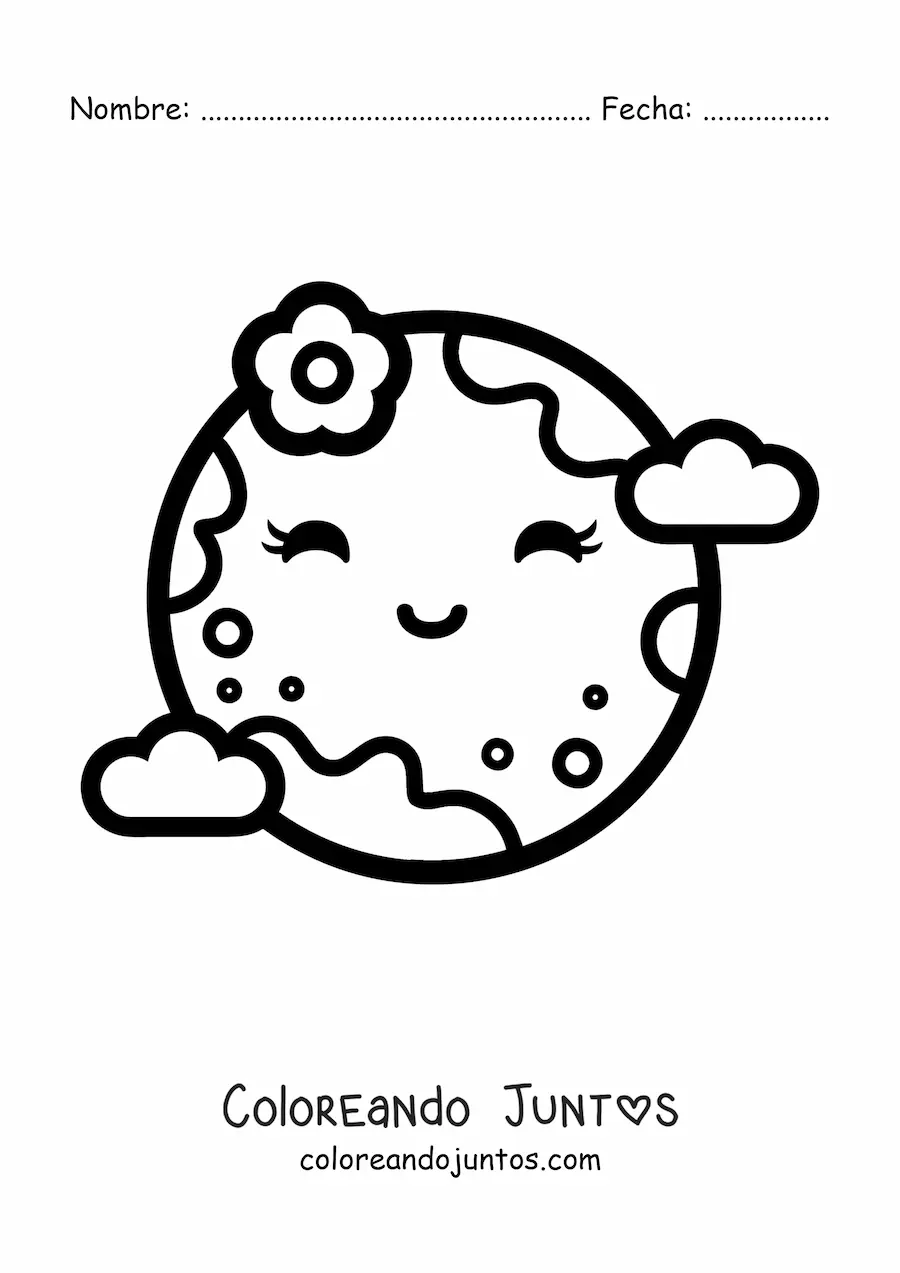Imagen para colorear de la Tierra kawaii animada con una flor
