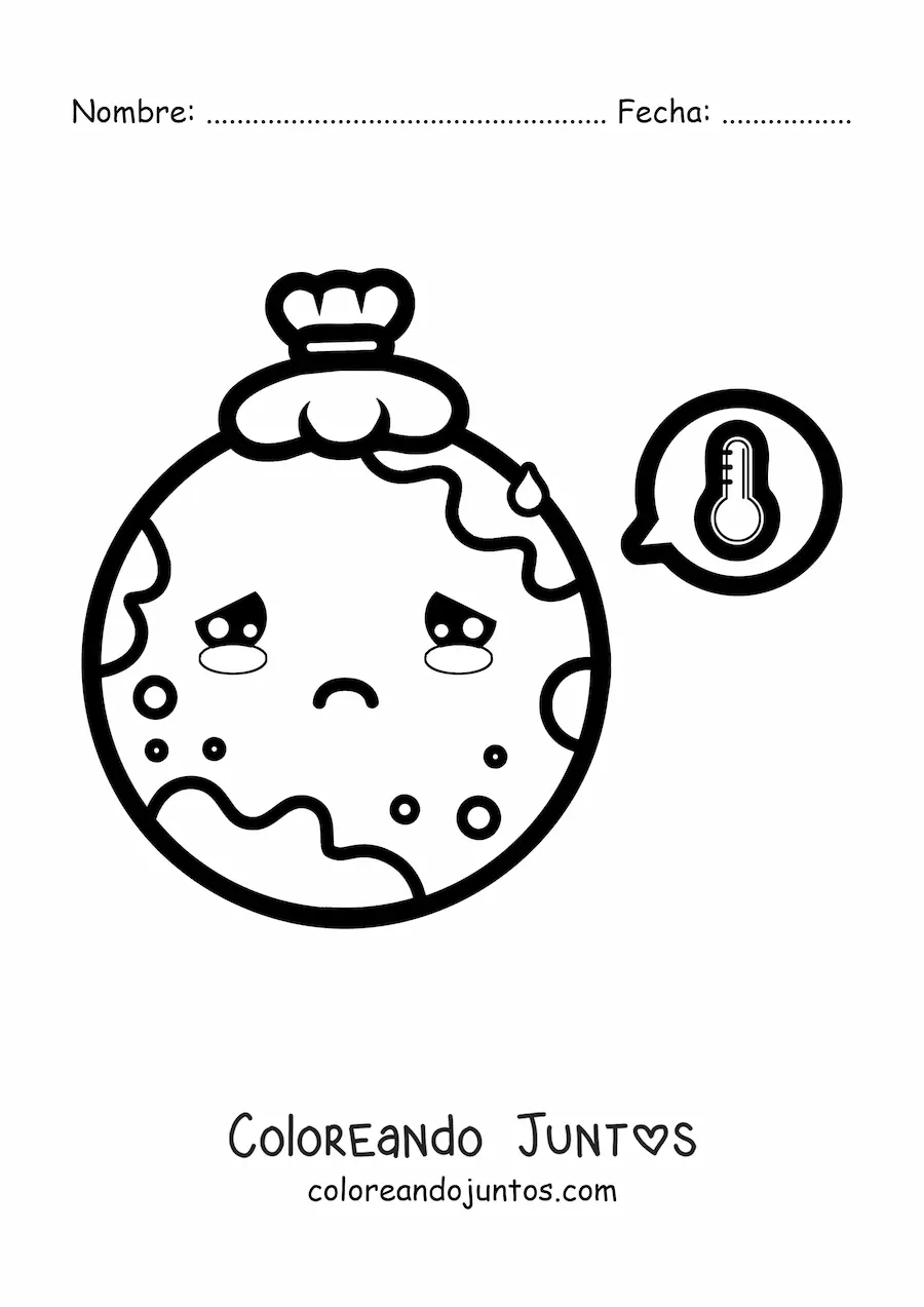 Imagen para colorear del planeta Tierra kawaii con un termómetro