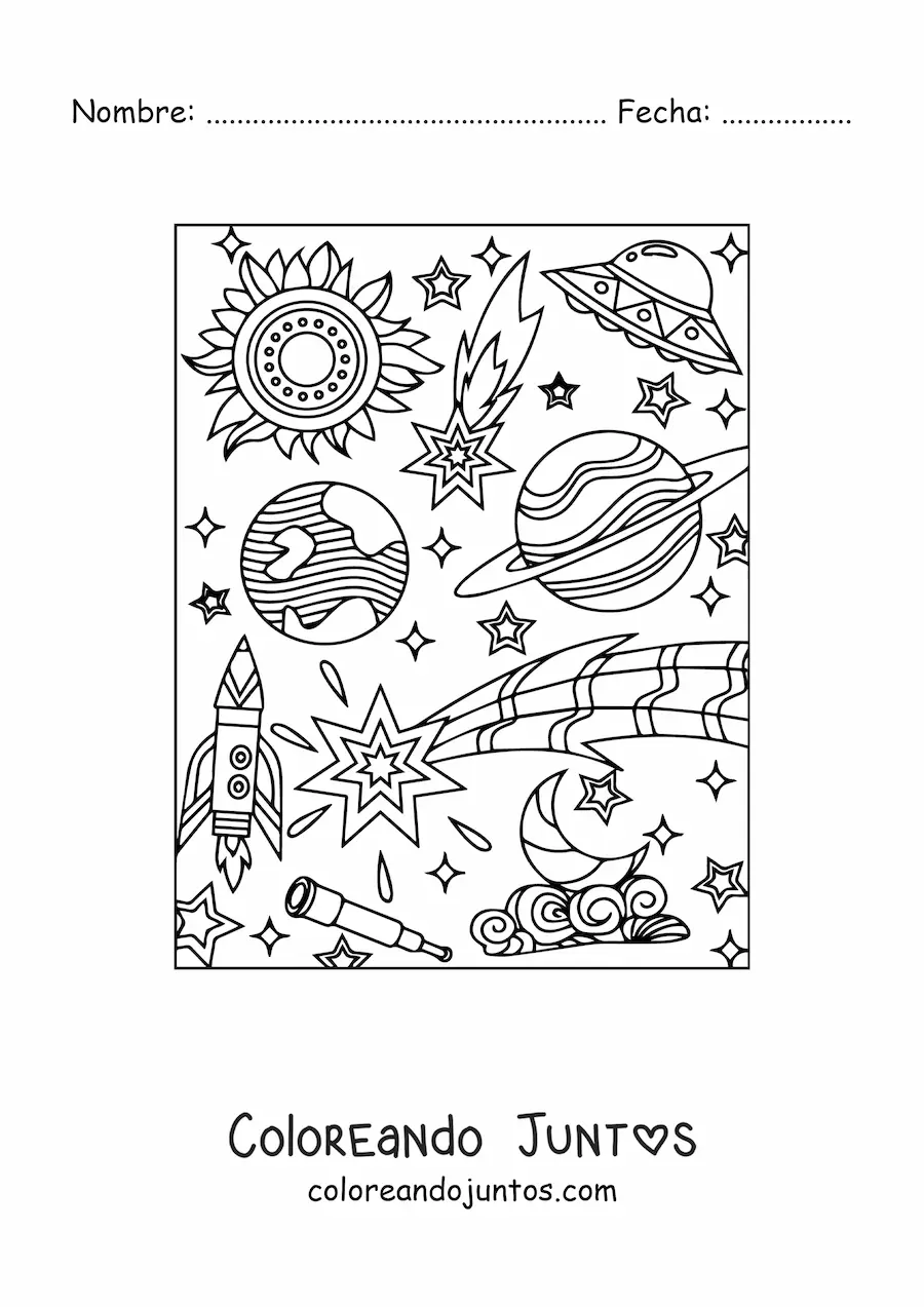 Imagen para colorear de varios planetas y estrellas
