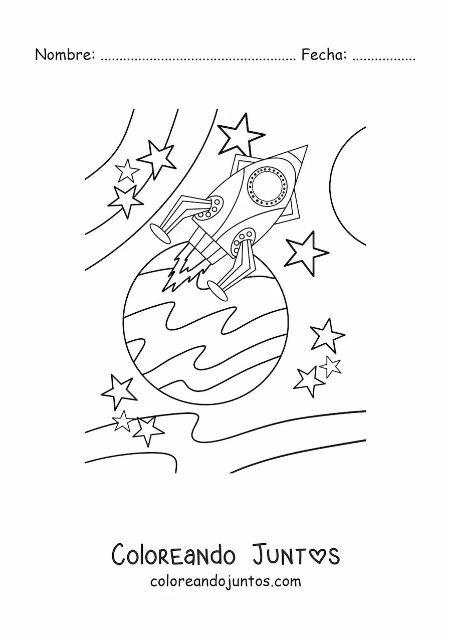 Imagen para colorear de un cohete espacial cerca de un planeta