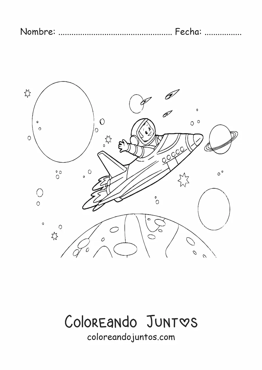 Imagen para colorear de un cohete volando entre planetas