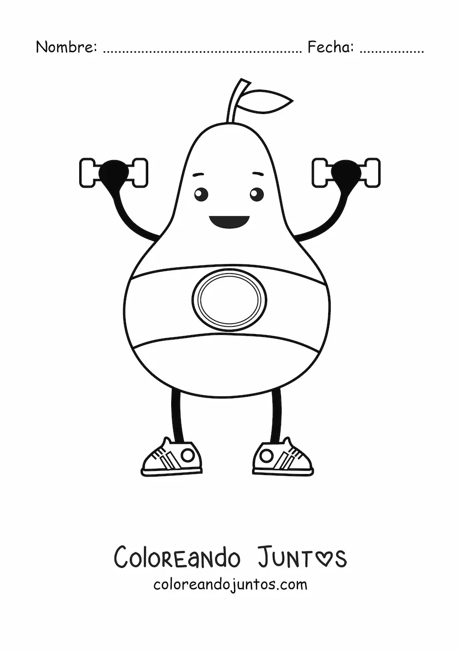 Imagen para colorear de una pera animada haciendo ejercicio