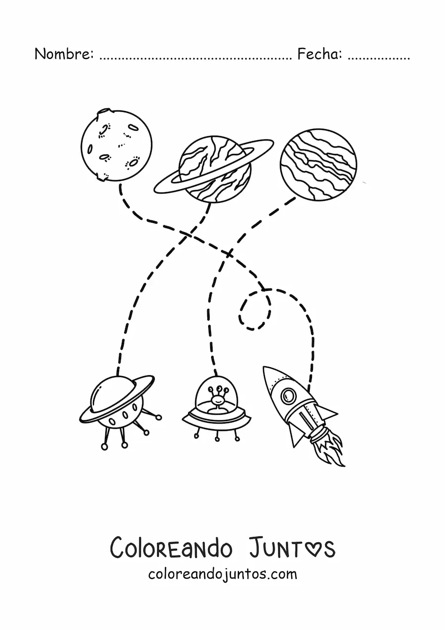 Imagen para colorear de tres planetas y tres naves espaciales