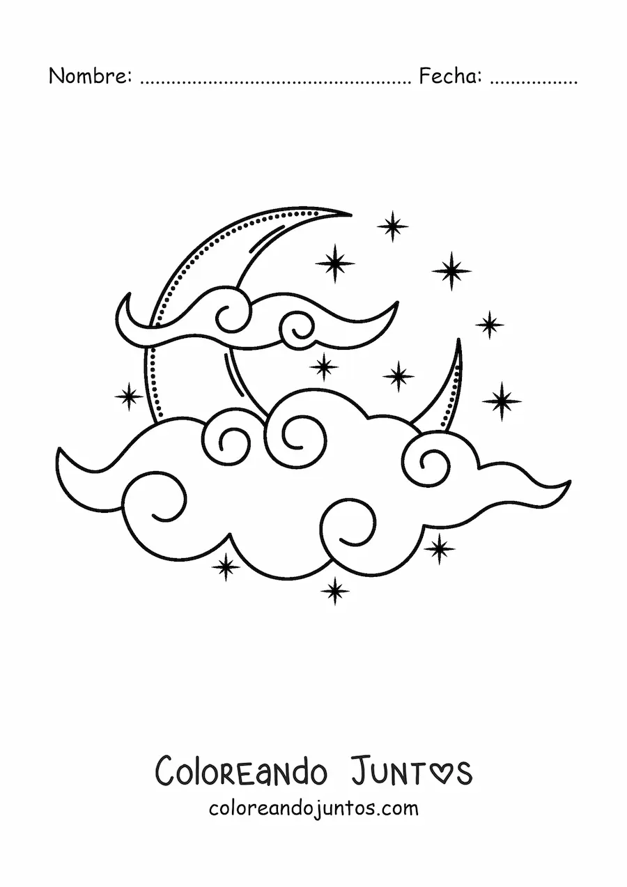 Imagen para colorear de la Luna rodeada de nubes