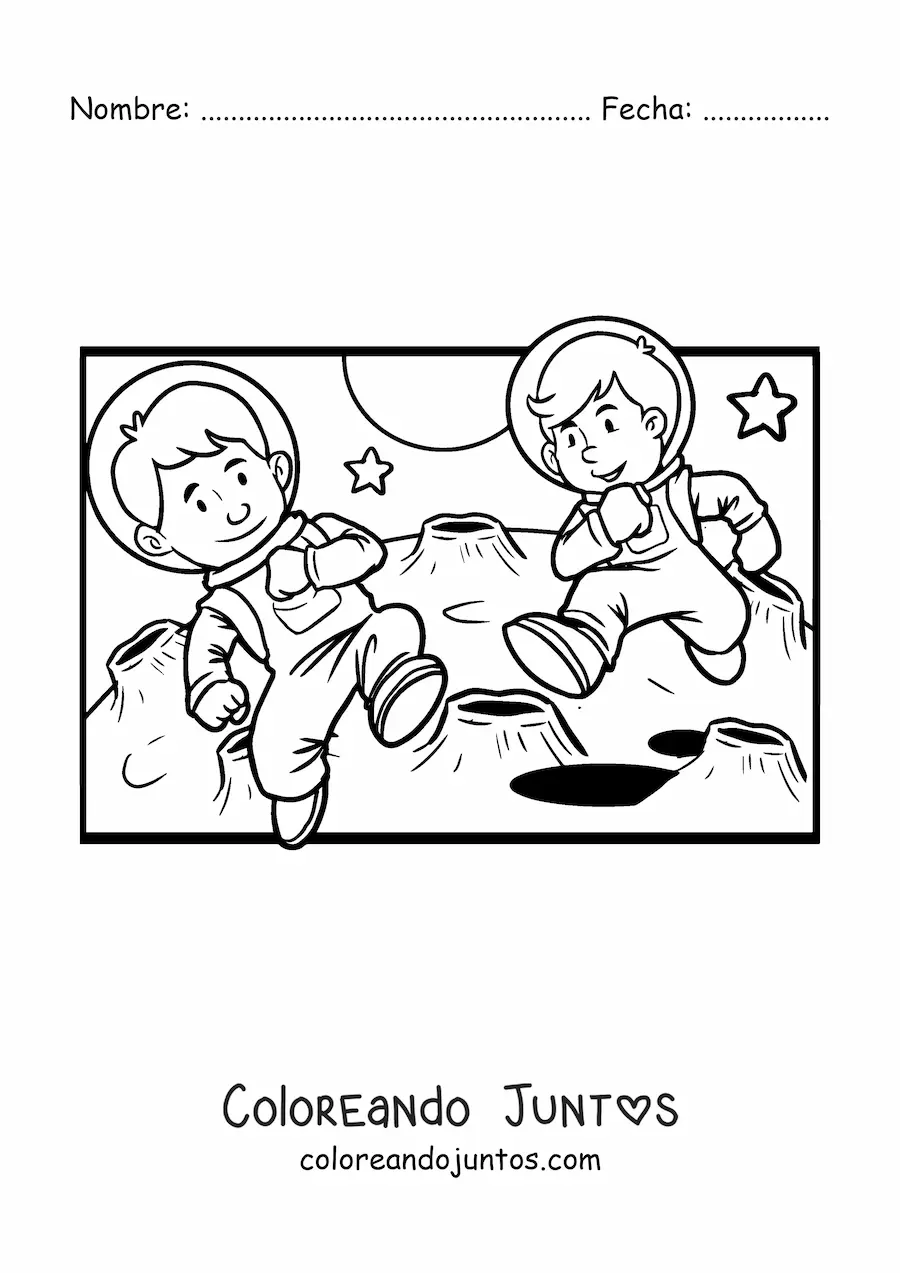 Imagen para colorear de dos astronautas en la Luna
