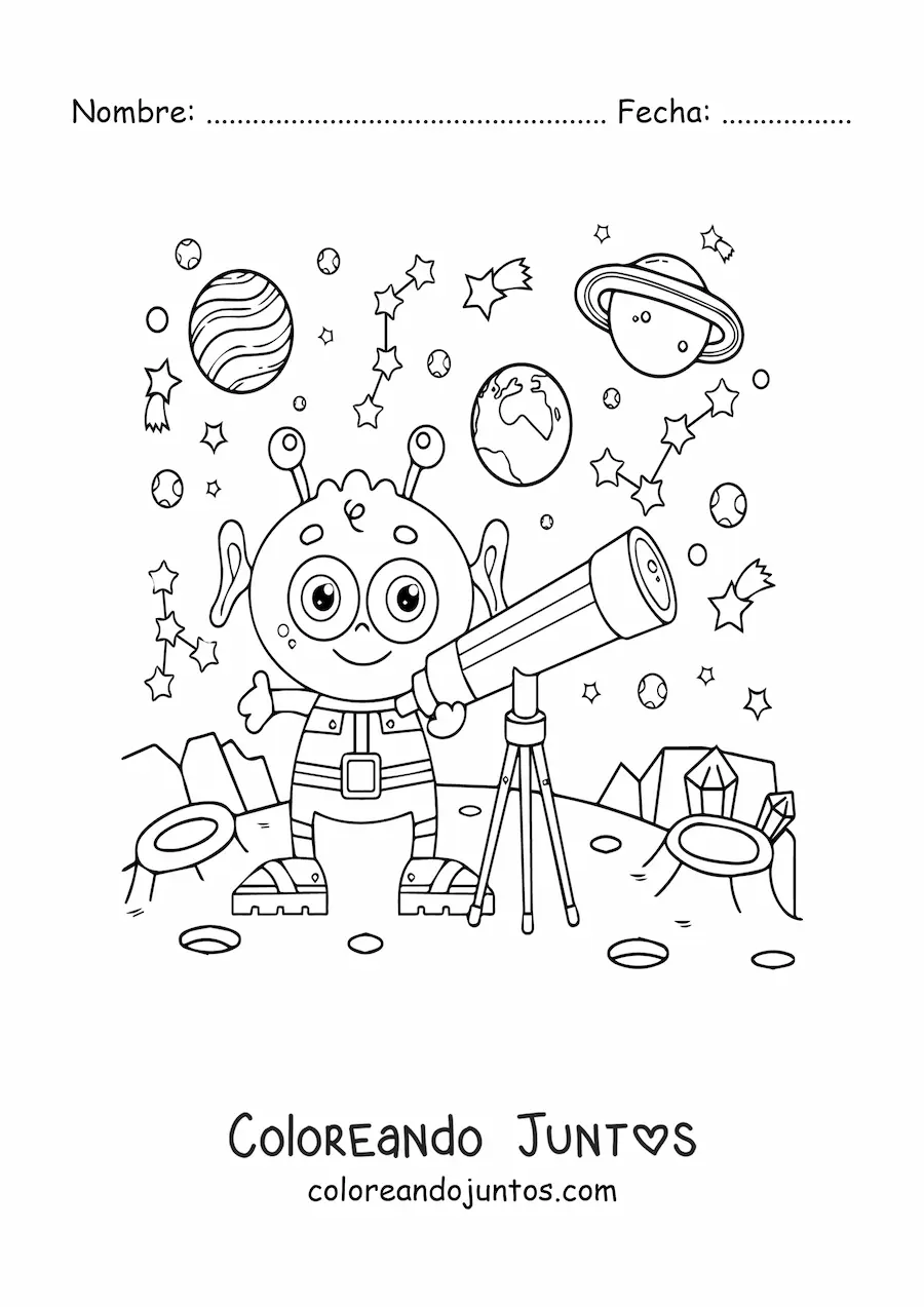 Imagen para colorear de un alienígena con un telescopio