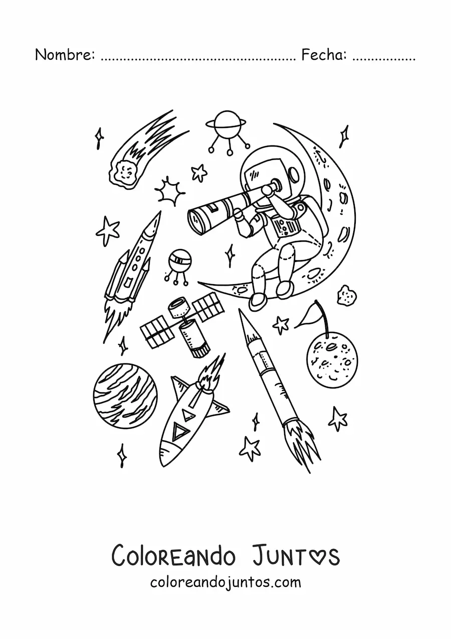 Imagen para colorear de un astronauta con un telescopio en el espacio