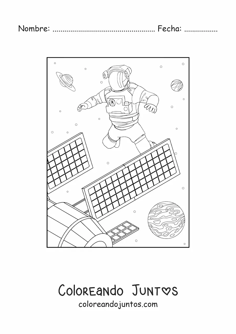 Imagen para colorear de un astronauta y un satélite en el espacio