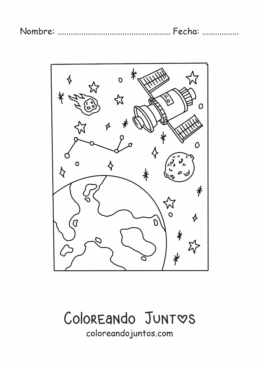 Imagen para colorear de un satélite junto a varias estrellas