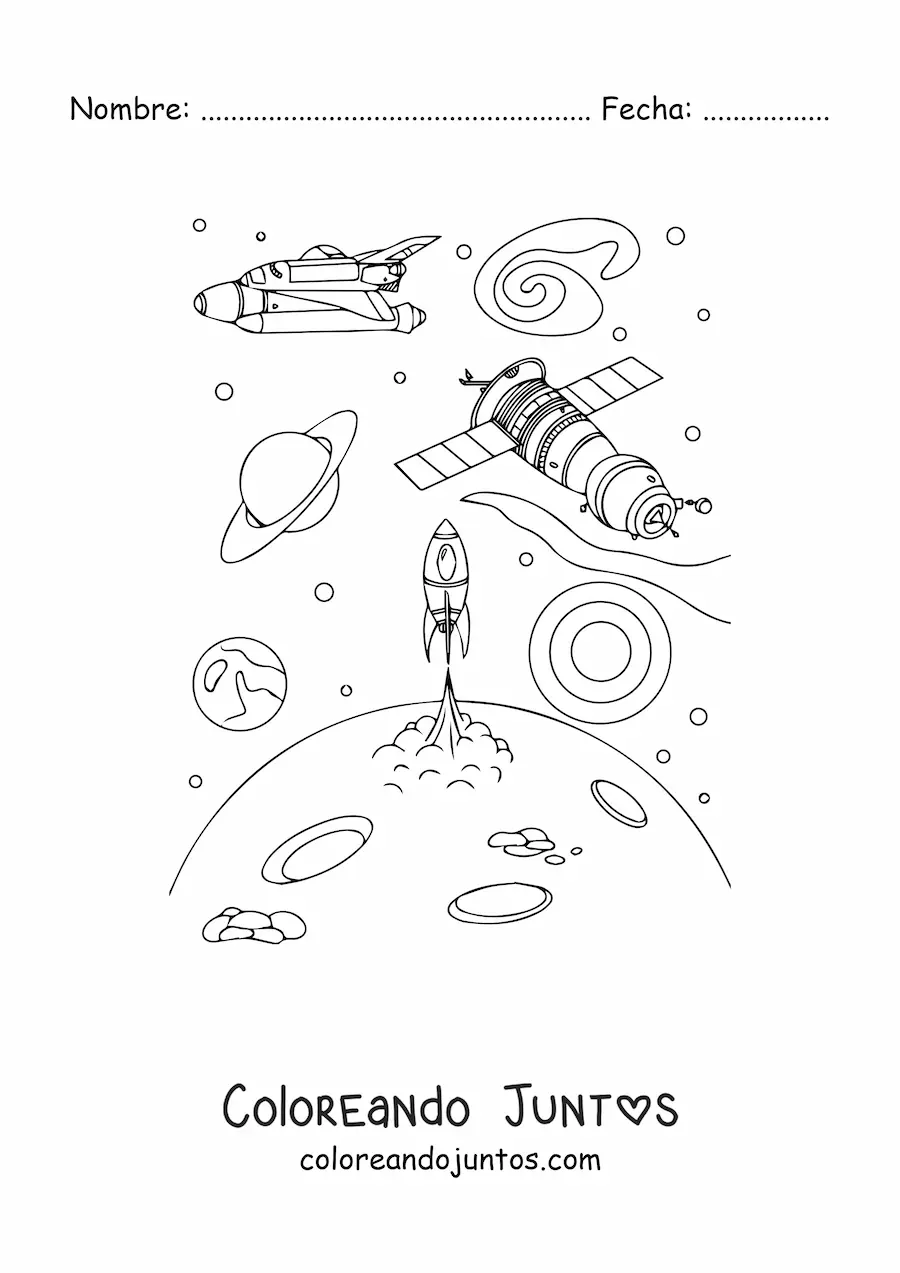 Imagen para colorear de un satélite junto a naves espaciales