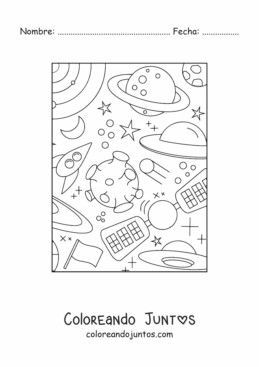 Imagen para colorear de un satélite artificial y varios cuerpos celestes
