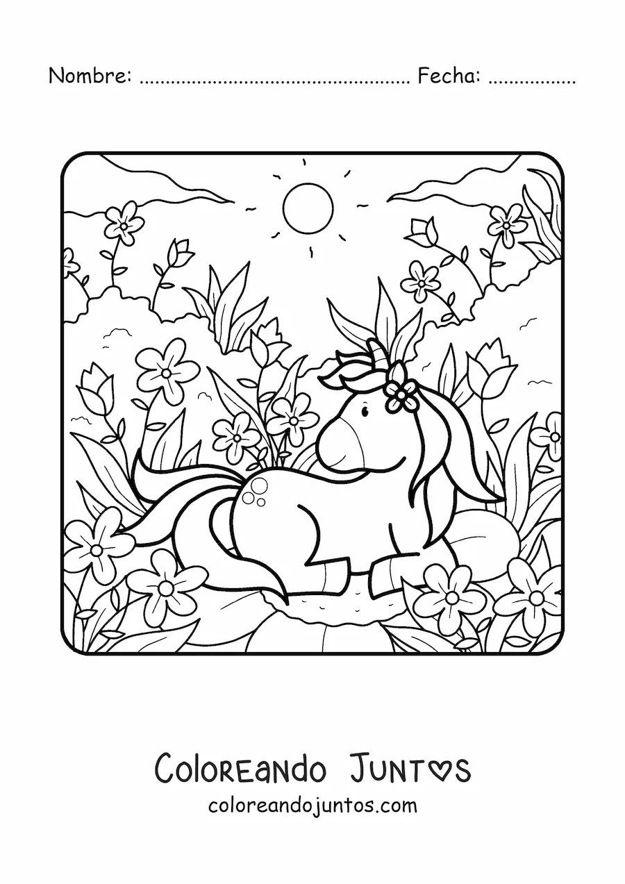 Imagen para colorear de un unicornio kawaii en primavera
