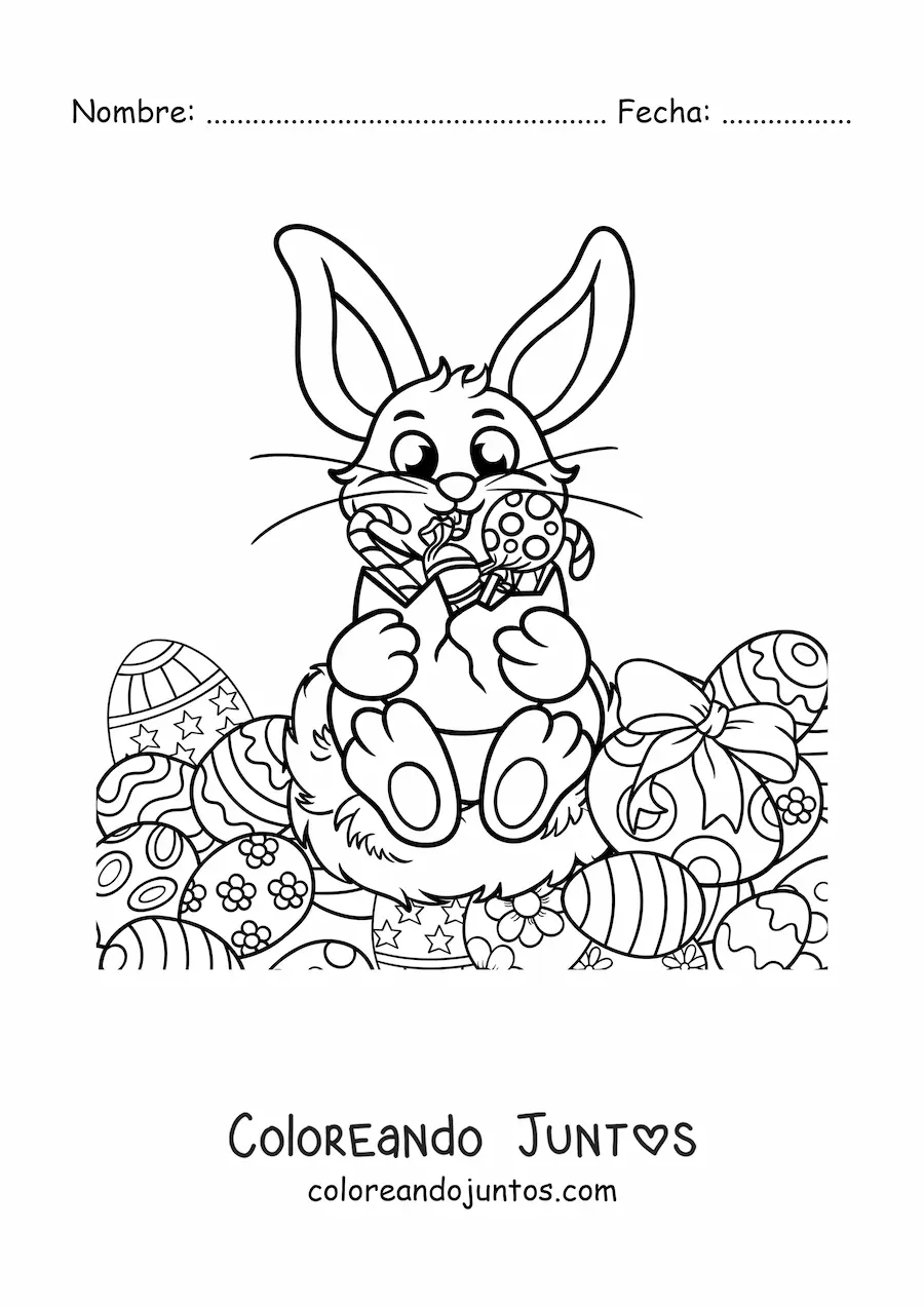 Imagen para colorear de un conejo con varios huevos de pascua