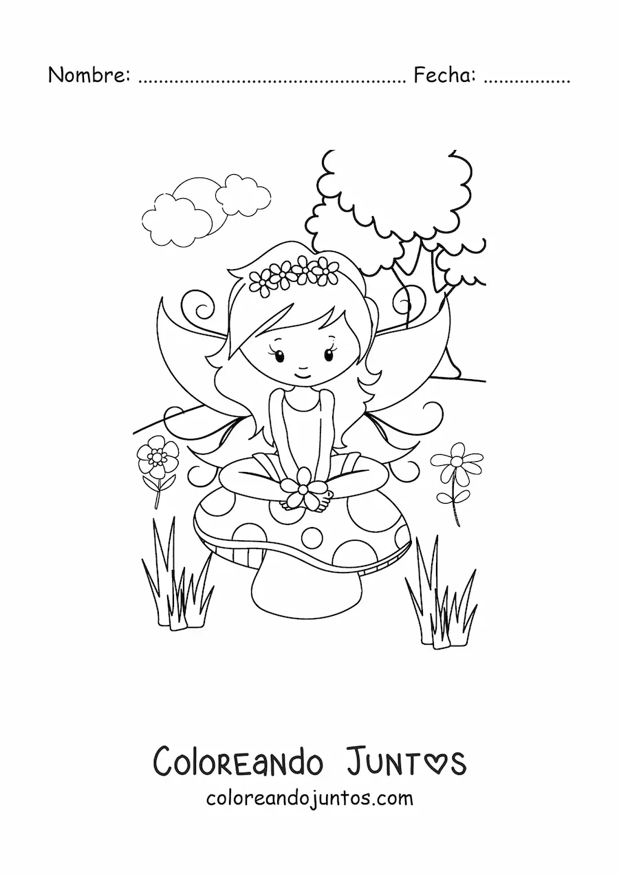 Imagen para colorear de un hada en un campo primaveral