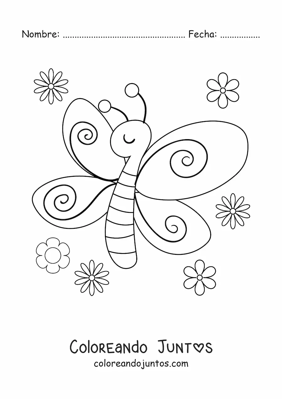 Imagen para colorear de una mariposa con flores de primavera