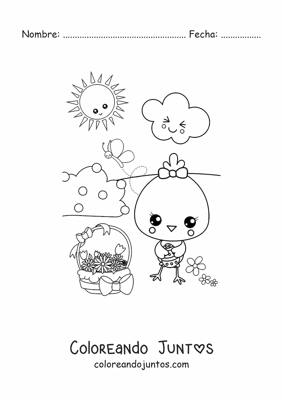 Imagen para colorear de un pollito kawaii en primavera