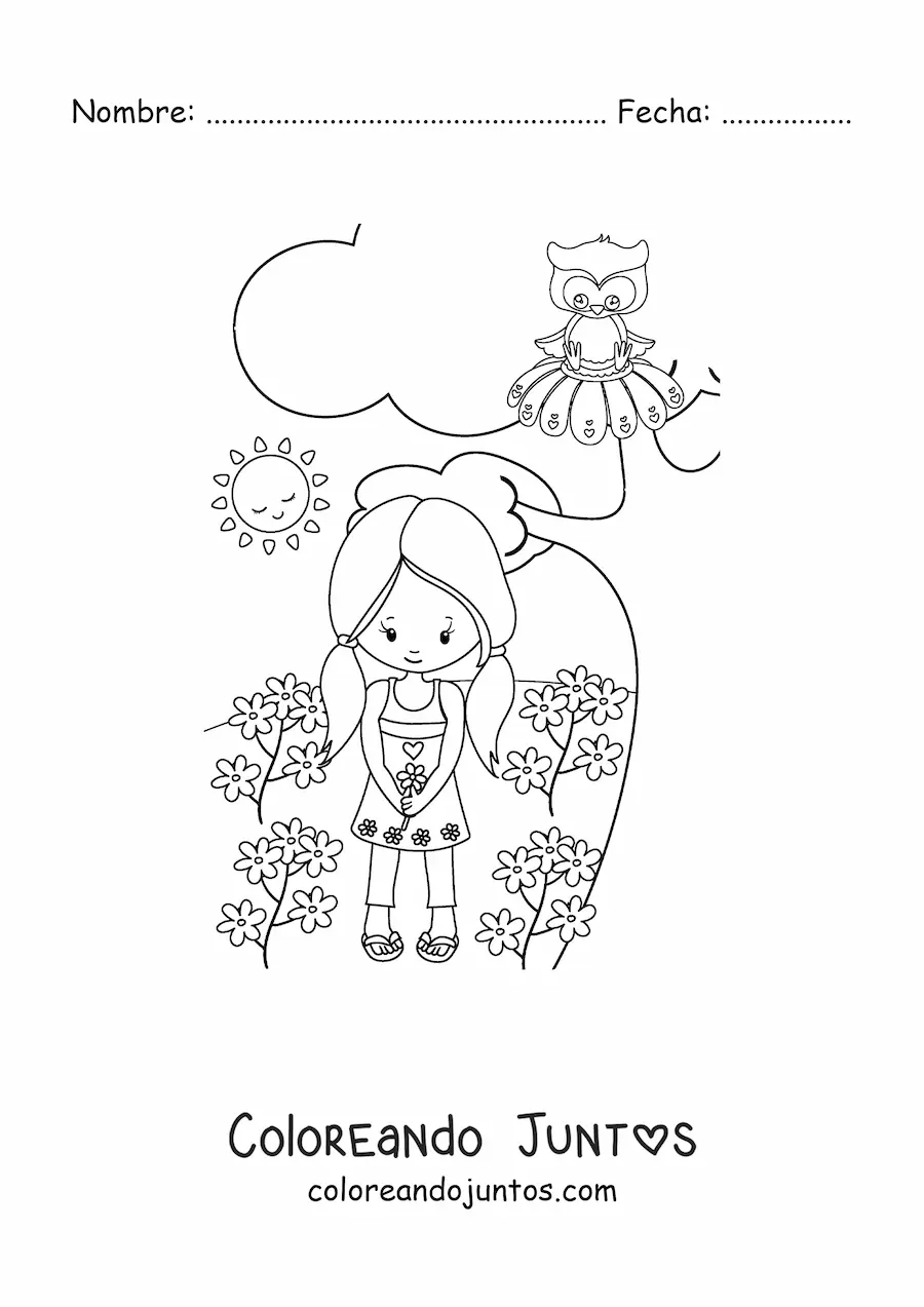 Imagen para colorear de una niña en un campo primaveral