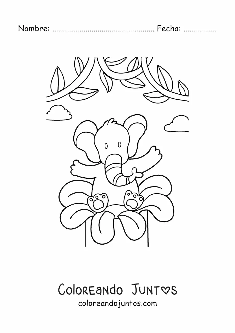 Imagen para colorear de un elefante animado con una flor de primavera