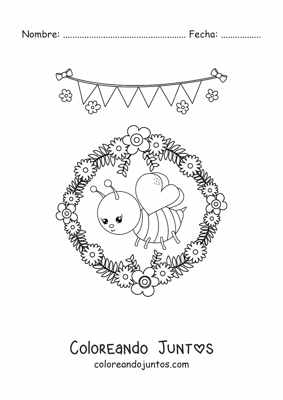 Imagen para colorear de una abeja kawaii con un aro de flores de primavera