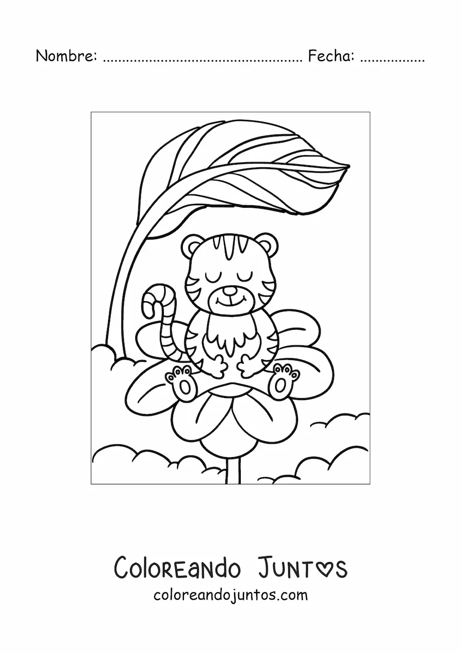 Imagen para colorear de un tigre animado sobre una flor de primavera