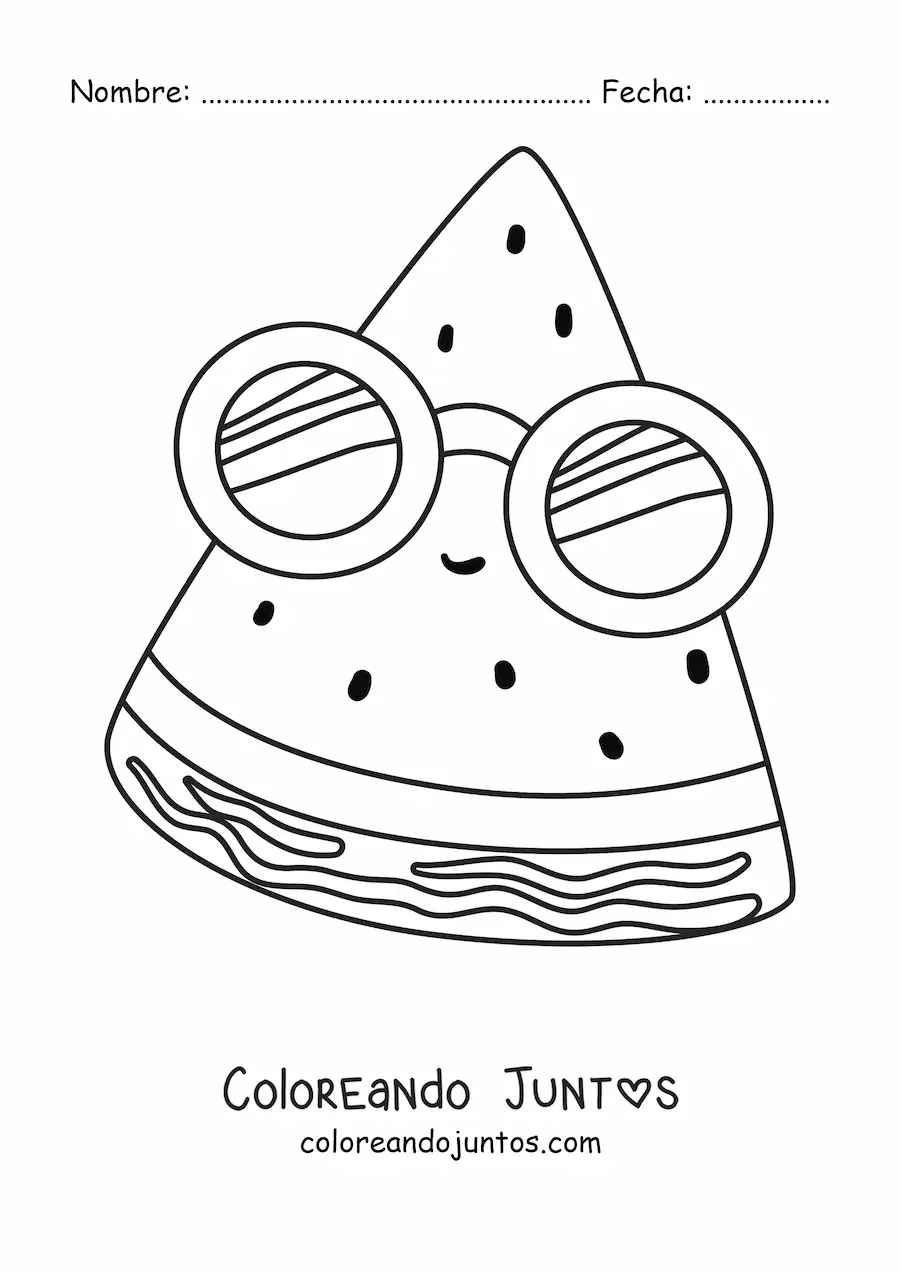 Imagen para colorear de una sandía kawaii animada con lentes de sol