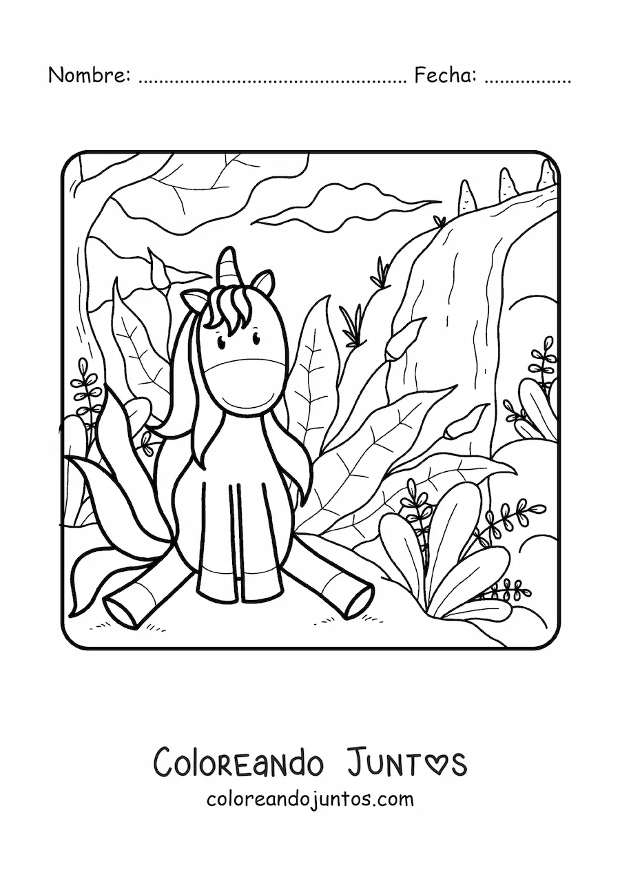 Imagen para colorear de un unicornio animado sentado en un campo con clima de primavera
