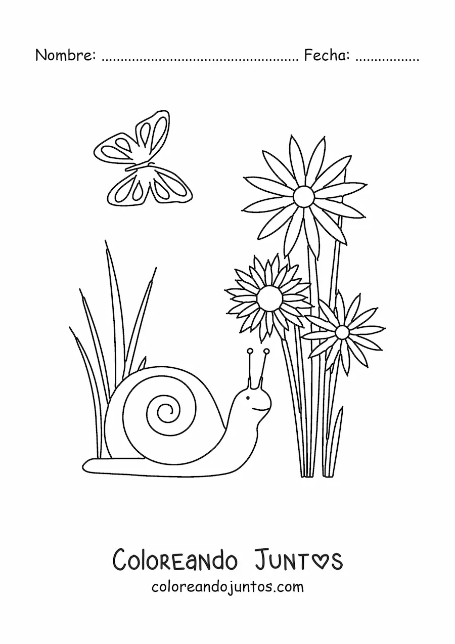 Imagen para colorear de un caracol y varias flores en primavera