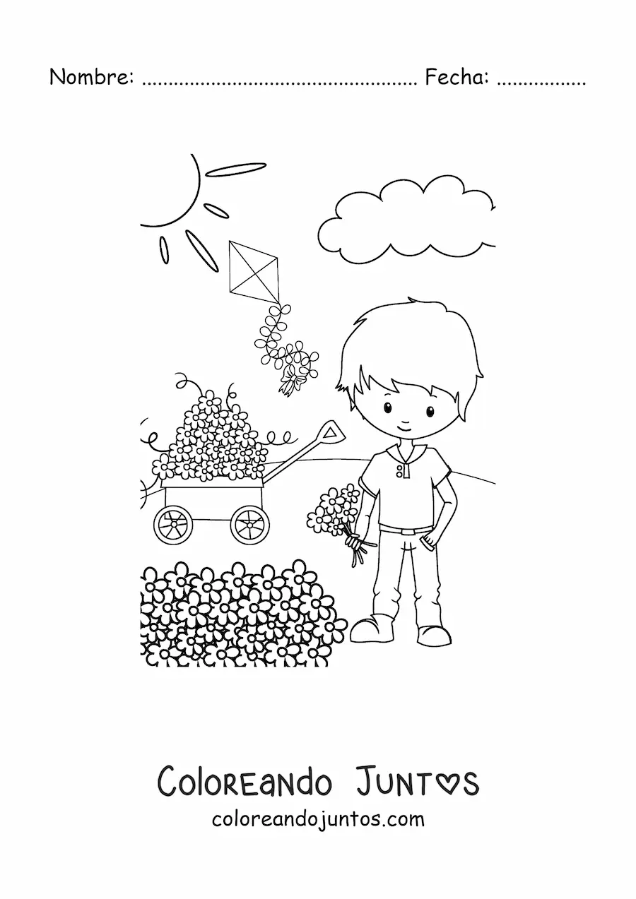 Imagen para colorear de un niño en primavera junto a un cultivo de flores