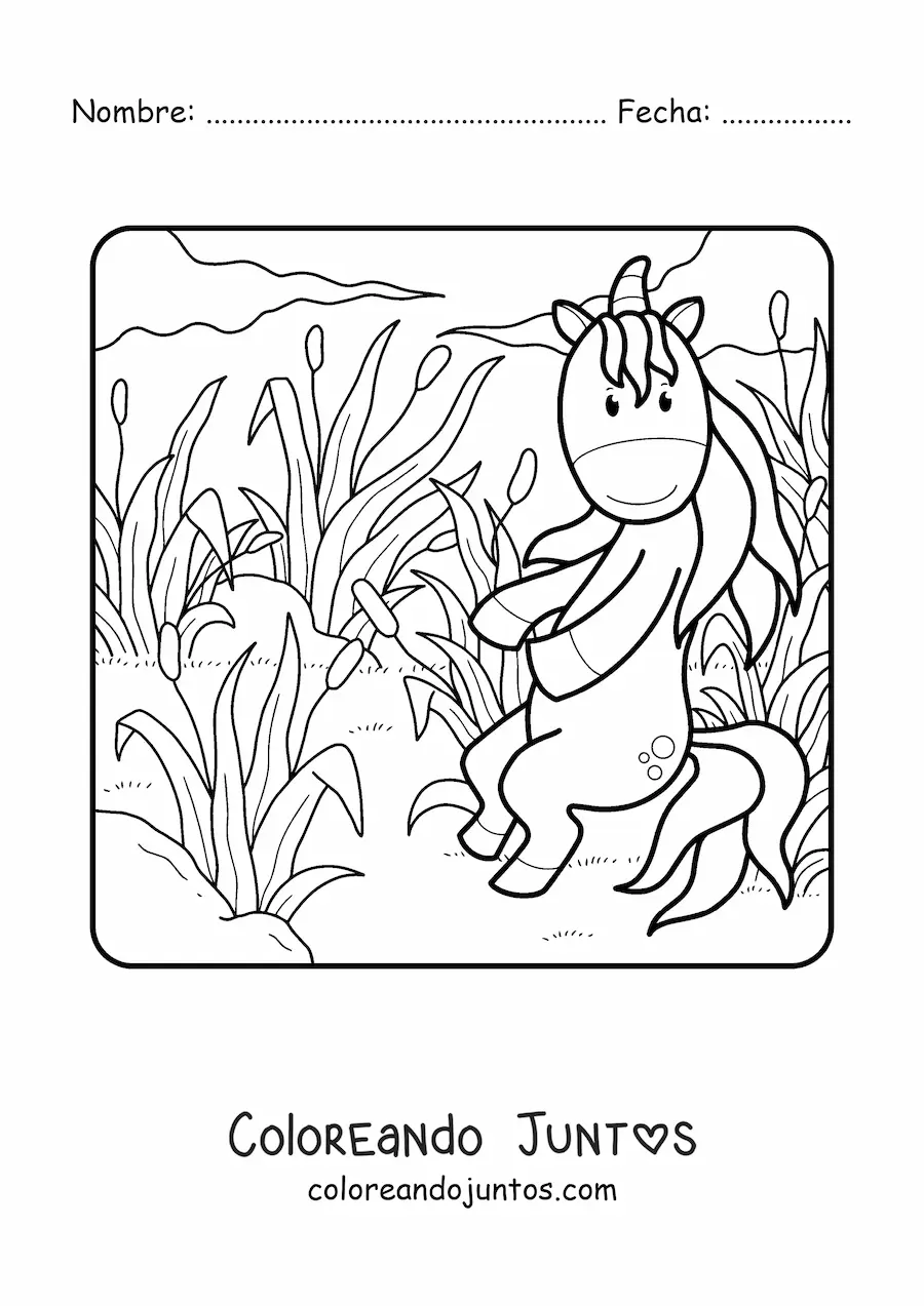 Imagen para colorear de un unicornio en el campo en primavera