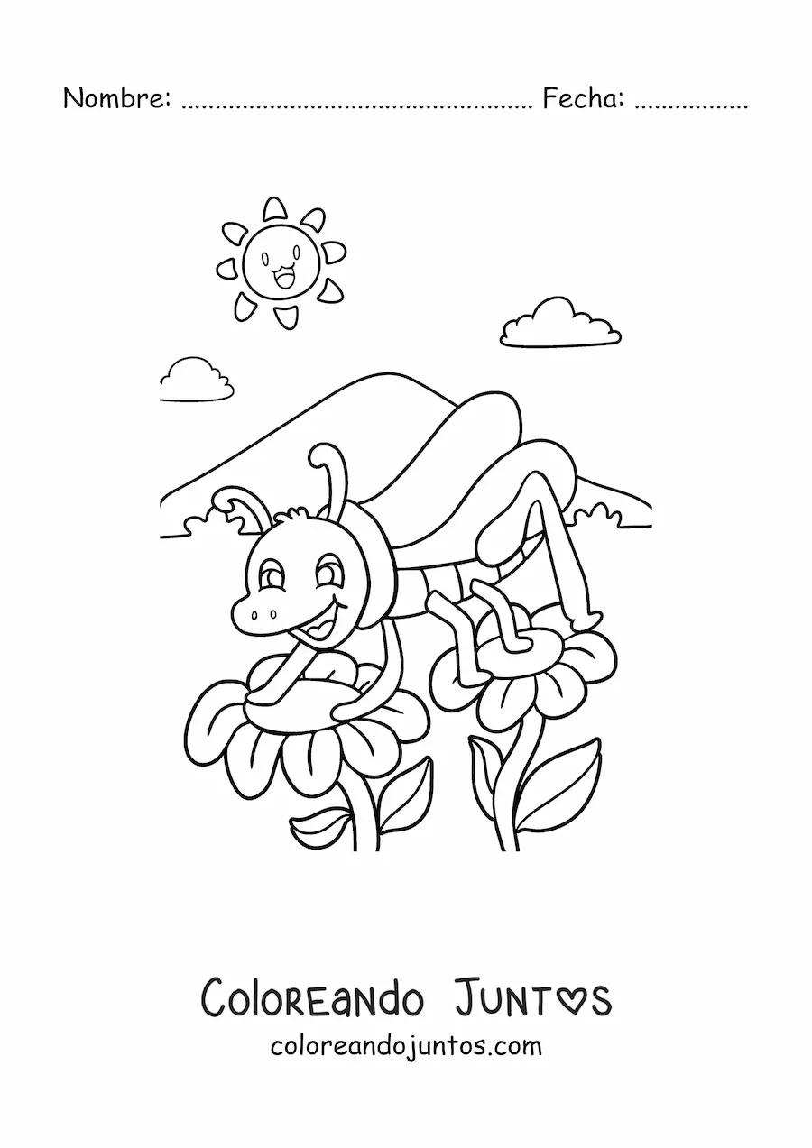 Imagen para colorear de un grillo animado posando entre dos flores en un clima primaveral