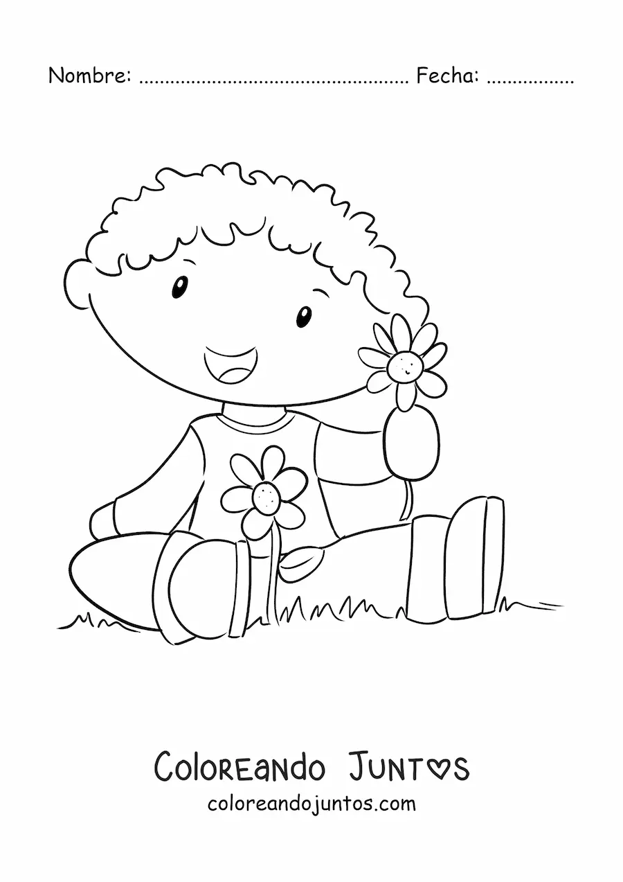 Imagen para colorear de un niño en el campo en primavera