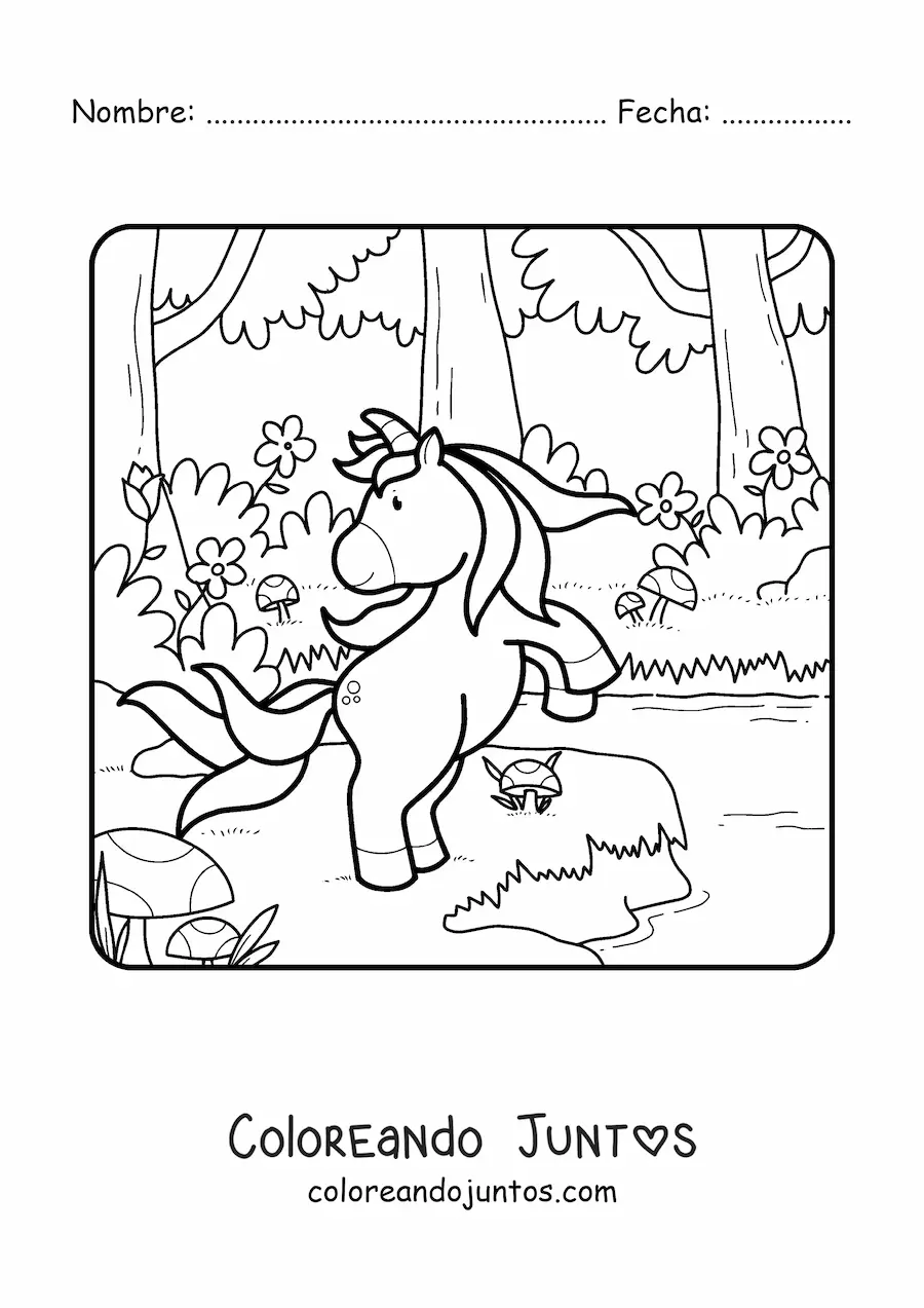 Imagen para colorear de un unicornio en primavera en el bosque