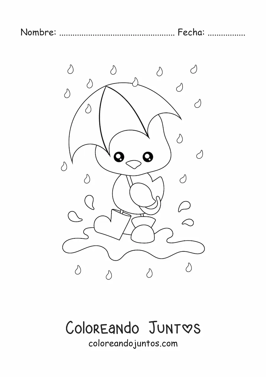 Imagen para colorear de un pollito kawaii bajo la lluvia de primavera