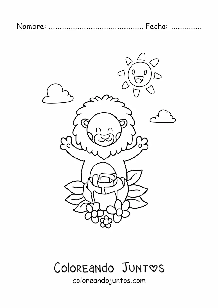 Imagen para colorear de un león animado con flores de primavera