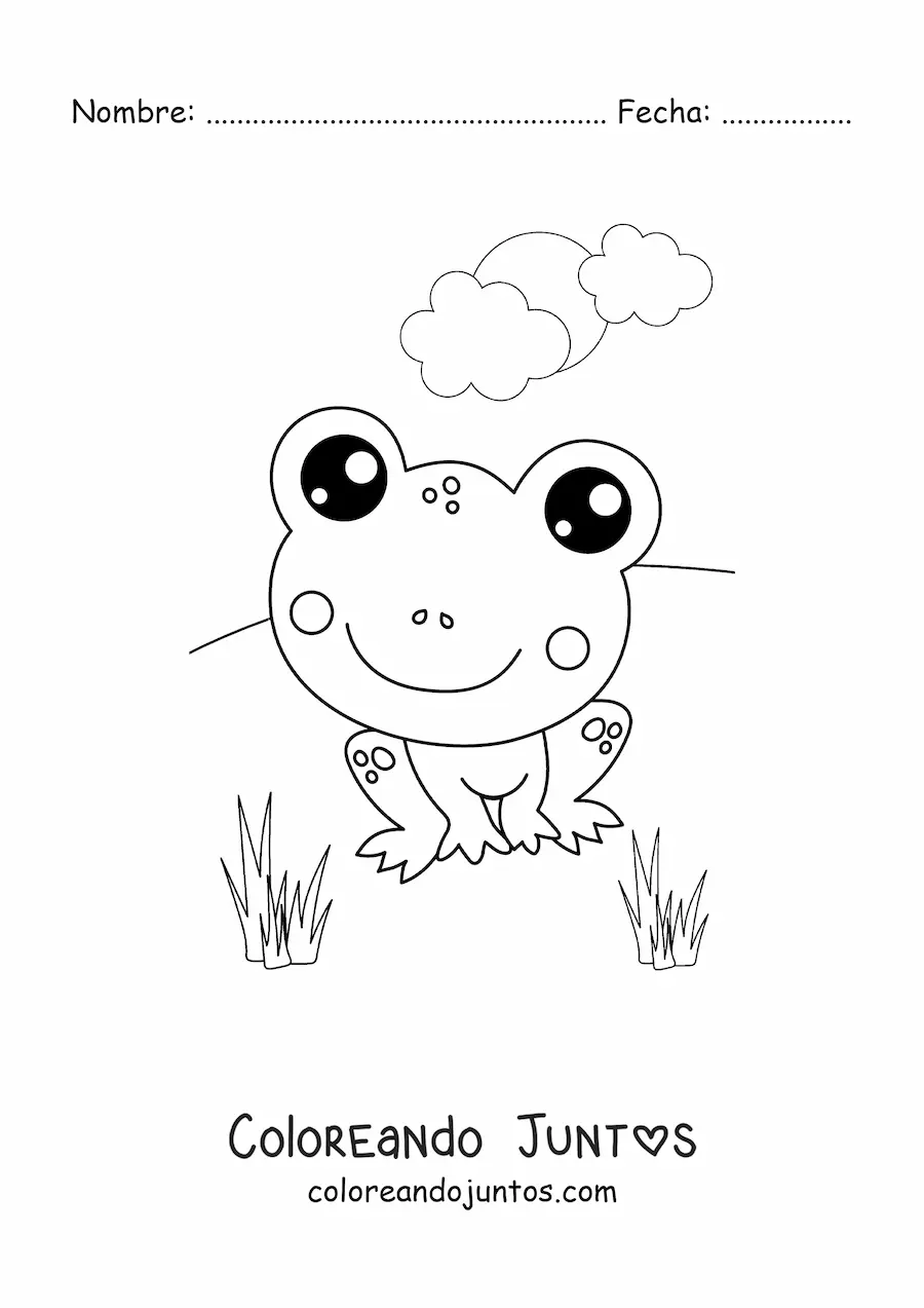 Imagen para colorear de una rana kawaii sonriente en un clima de primavera