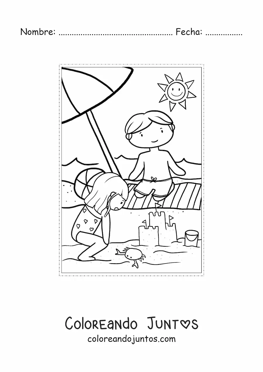 Imagen para colorear de dos niños en la playa en verano