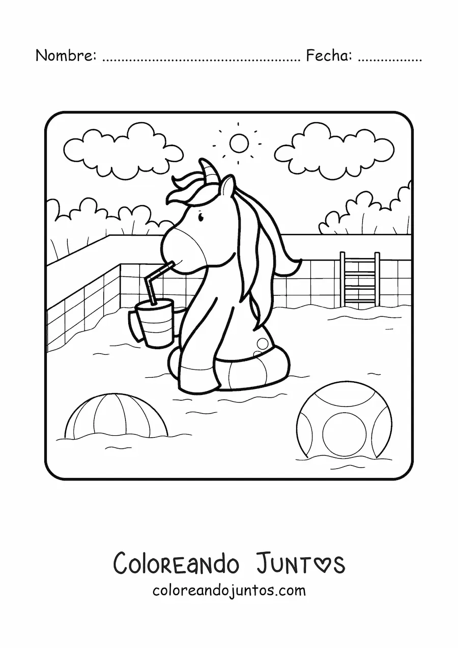Imagen para colorear de un unicornio animado en una piscina de verano