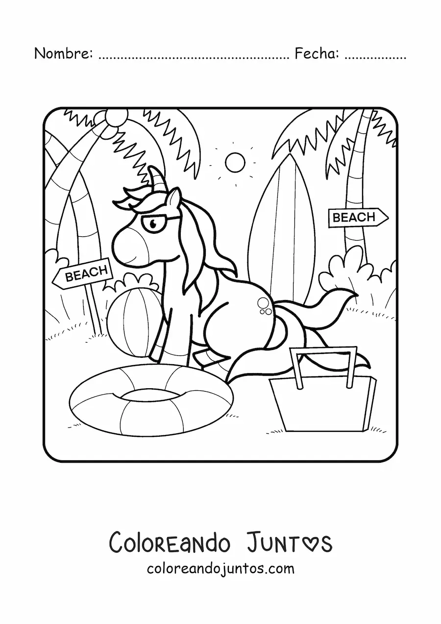 Imagen para colorear de un unicornio en vacaciones de verano