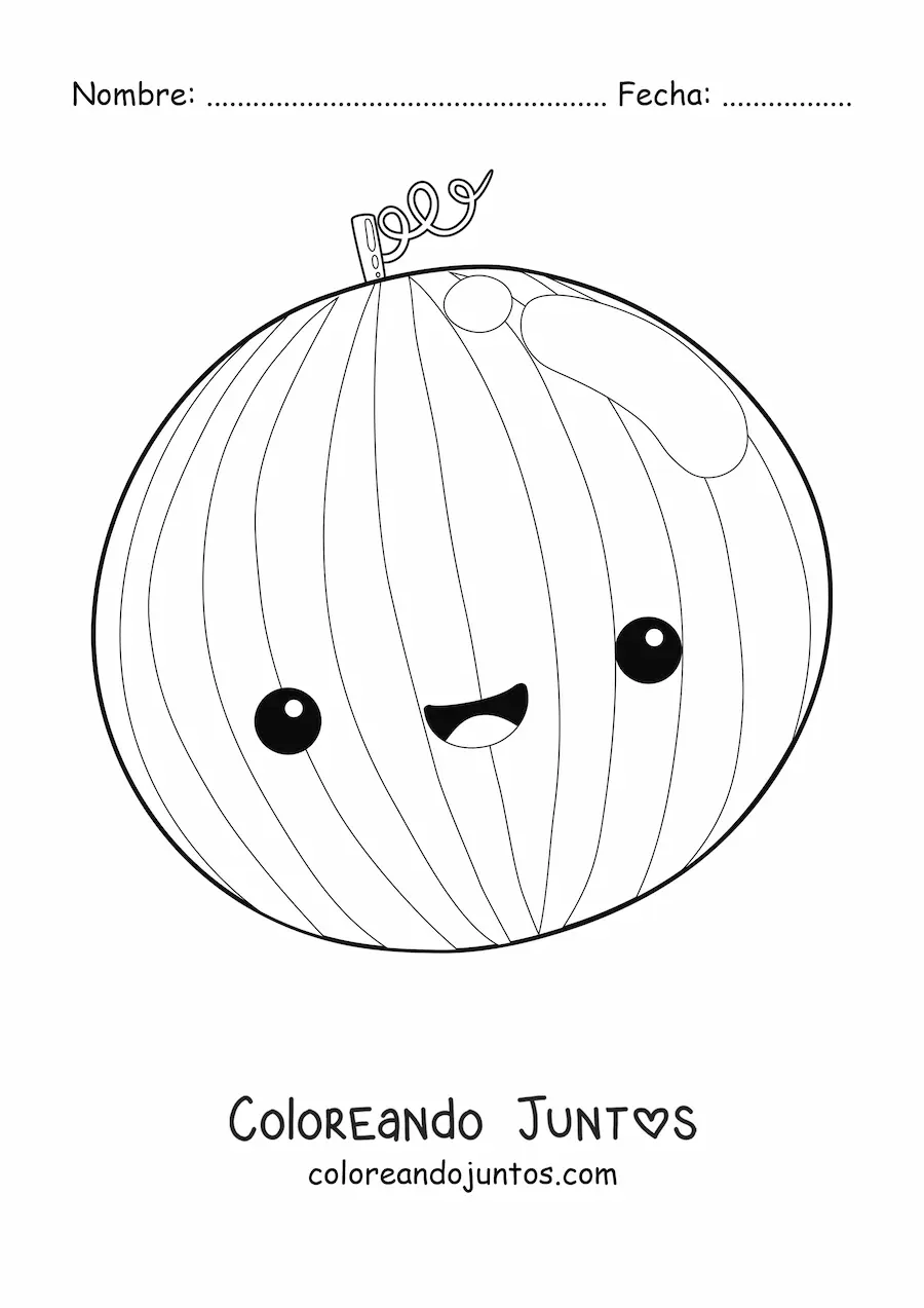 Imagen para colorear de una sandía entera kawaii alegre