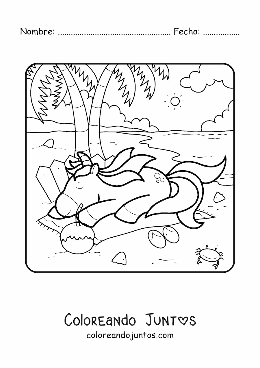 Imagen para colorear de un unicornio descansando en una playa
