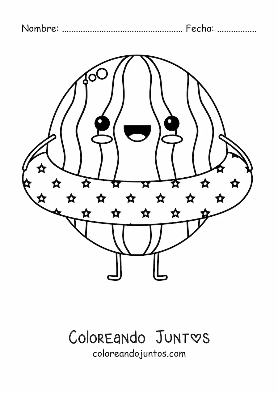 Imagen para colorear de una sandía kawaii animada veraniega con un salvavidas para nadar