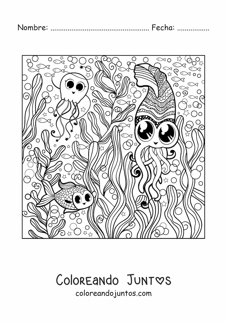 Imagen para colorear de varios animales marinos kawaii