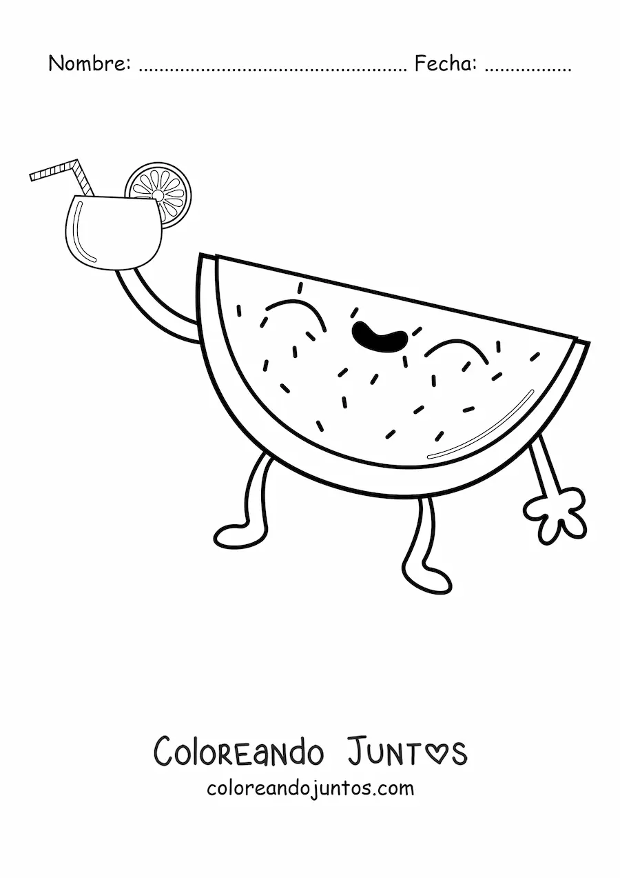 Imagen para colorear de una sandía animada veraniega bebiendo un batido