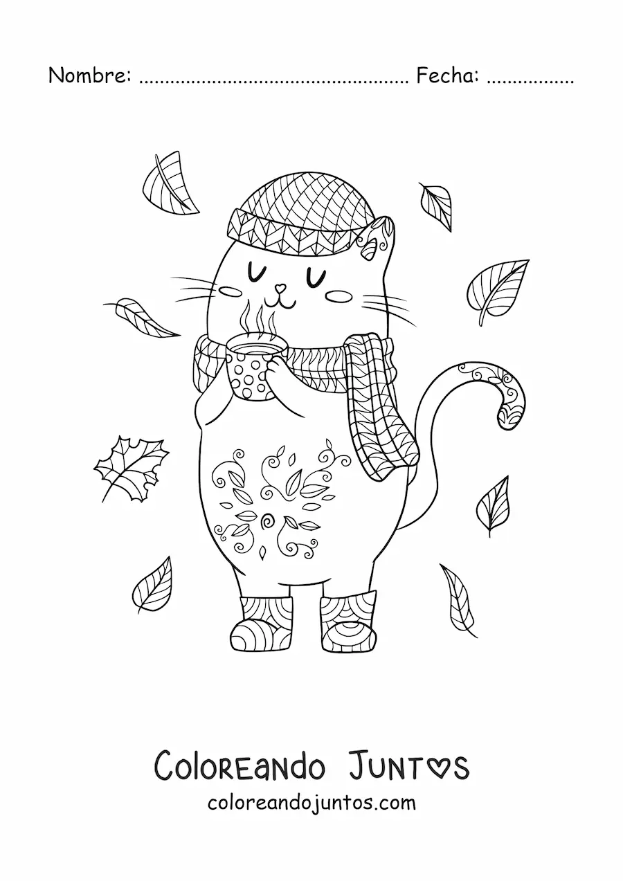 Imagen para colorear de un gato animado en otoño