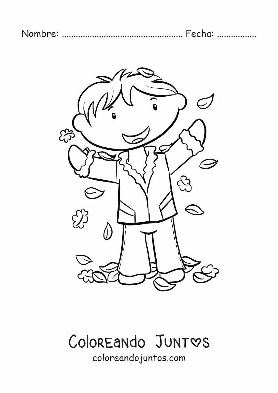 Imagen para colorear de un niño jugando con hojas de otoño