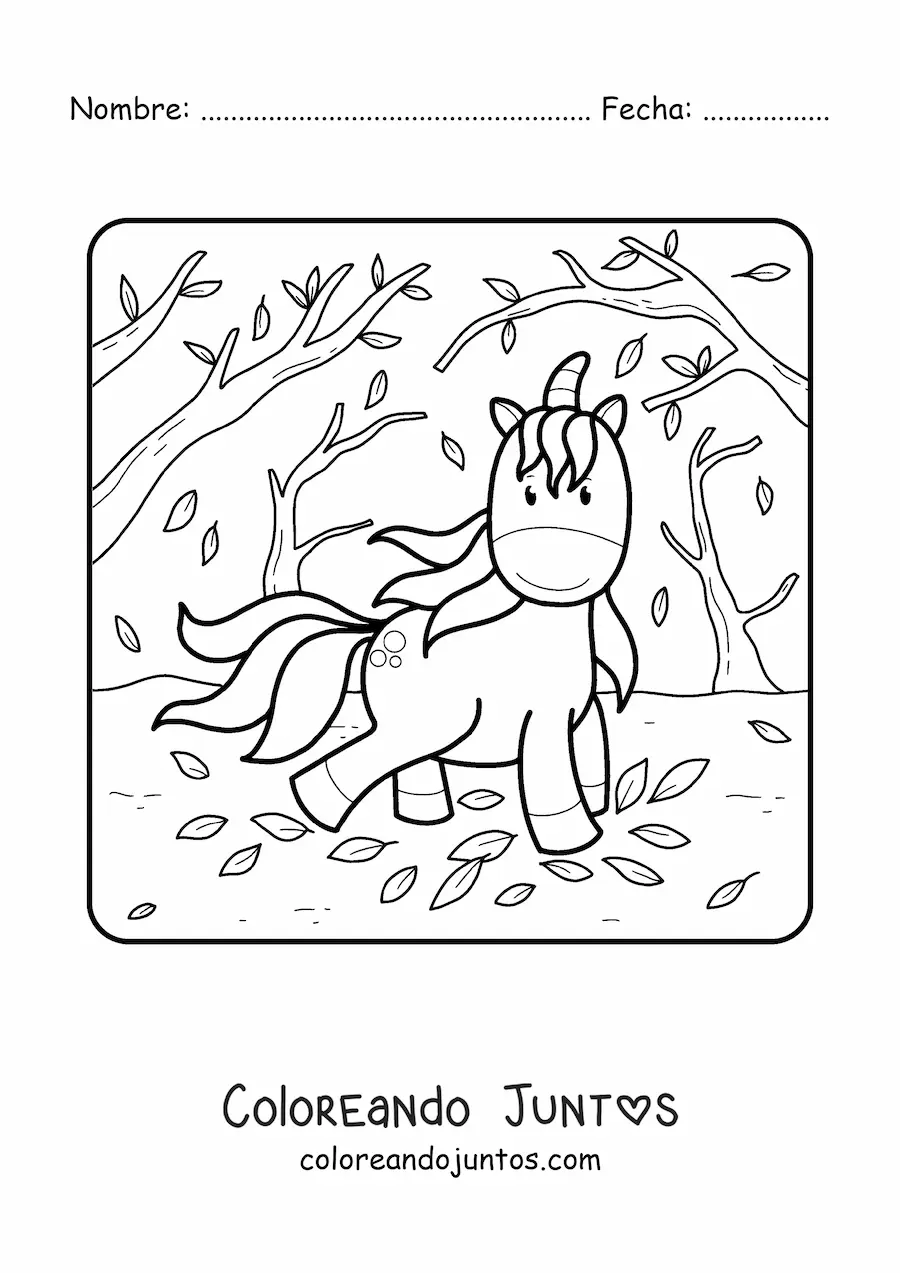Imagen para colorear de un unicornio kawaii en otoño