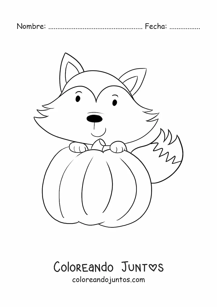 Imagen para colorear de un zorro kawaii con una calabaza