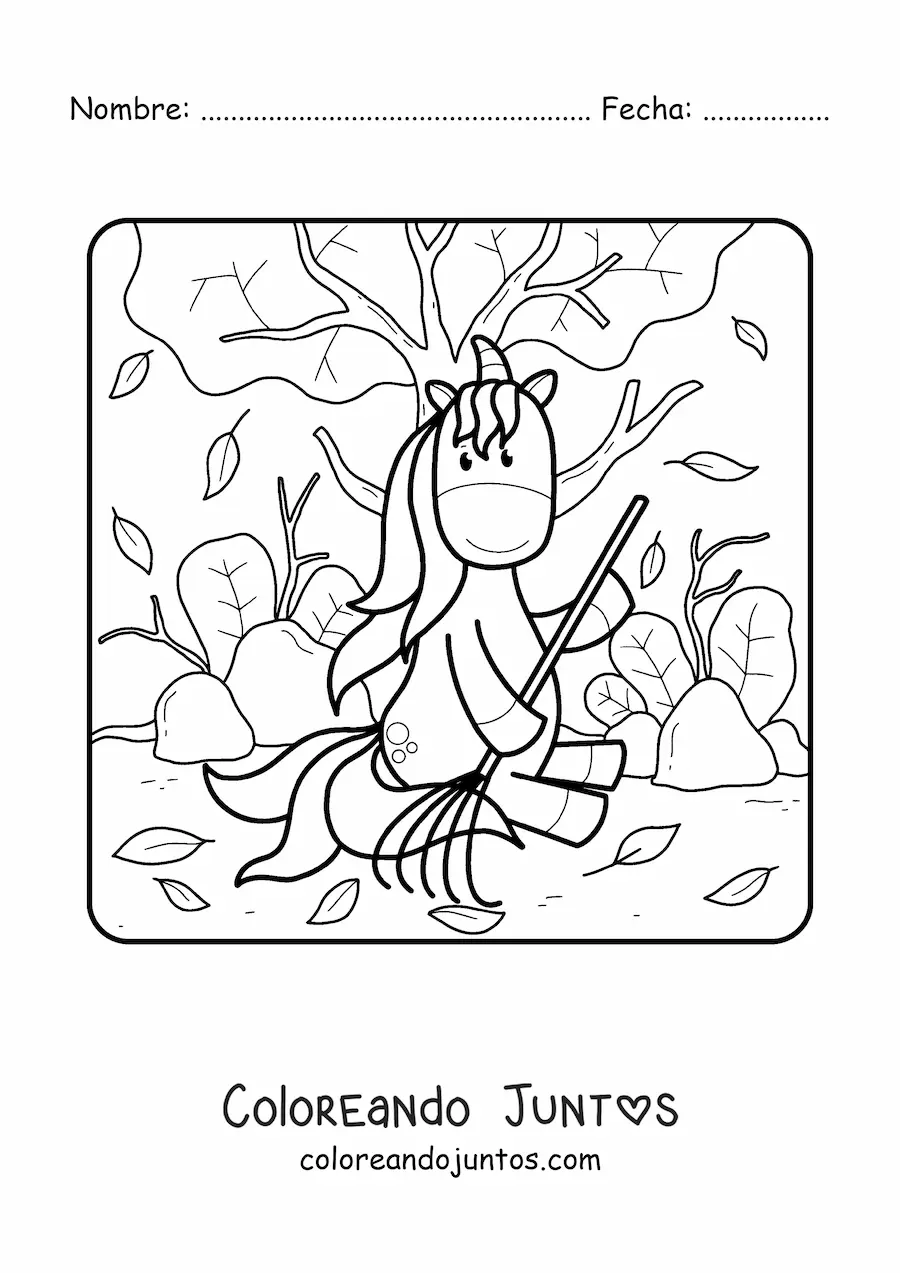 Imagen para colorear de un unicornio animado barriendo hojas de otoño