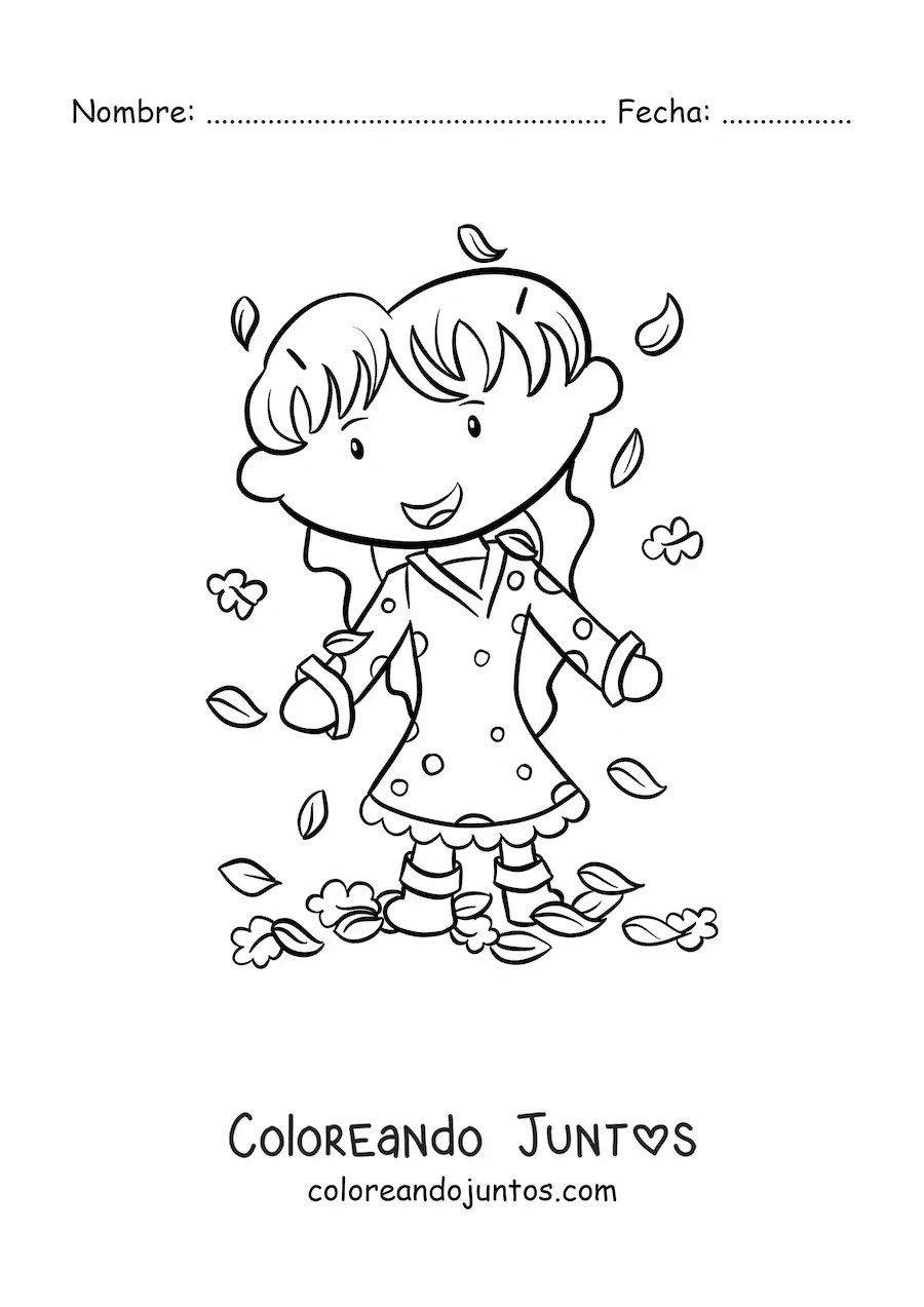 Imagen para colorear de una niña jugando con hojas de otoño